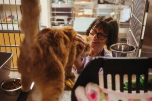 Oregon Humane volunteer with cat 